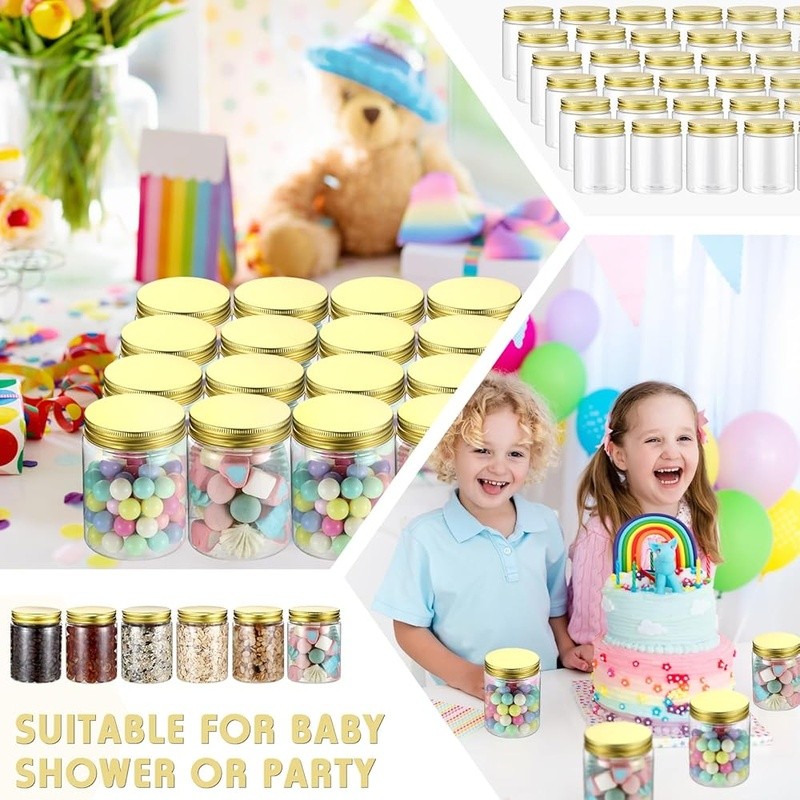 Clear Plastic Storage Containers W/ Gold Lids 60 Pack Durable Jars Food Crafts