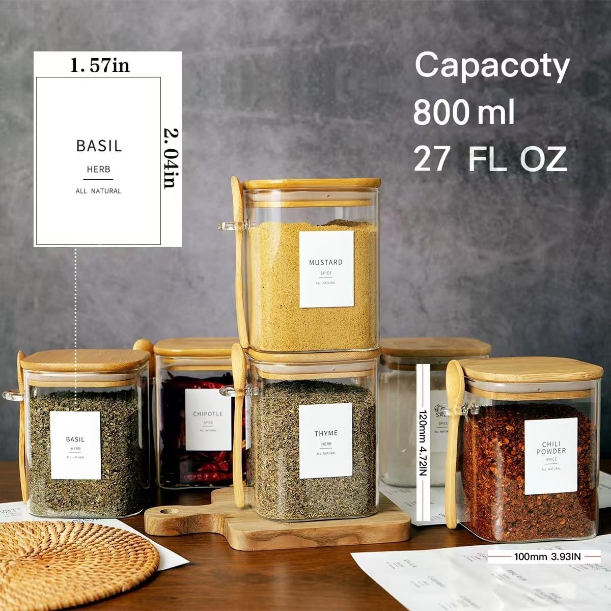 6 Pcs Square Glass Jar with Bamboo Lid and Spoon – 27 oz Large Sugar Container