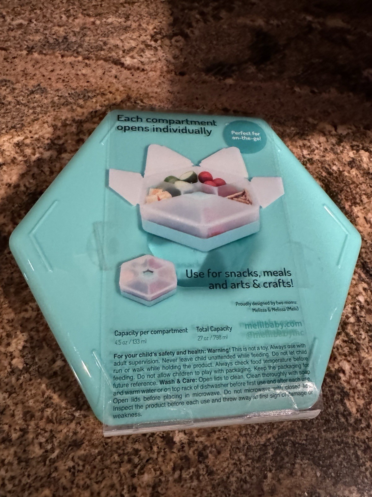 Melii Hexagon Snackle Box (2) 6-Compartment Containers w SnapLock Lids Mint/Pink