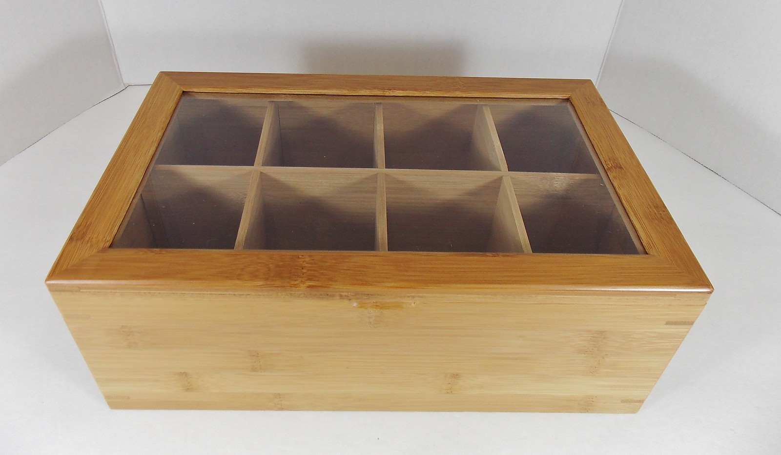 Bamboo Box Divided Tea Caddy Hinged Clear Lid