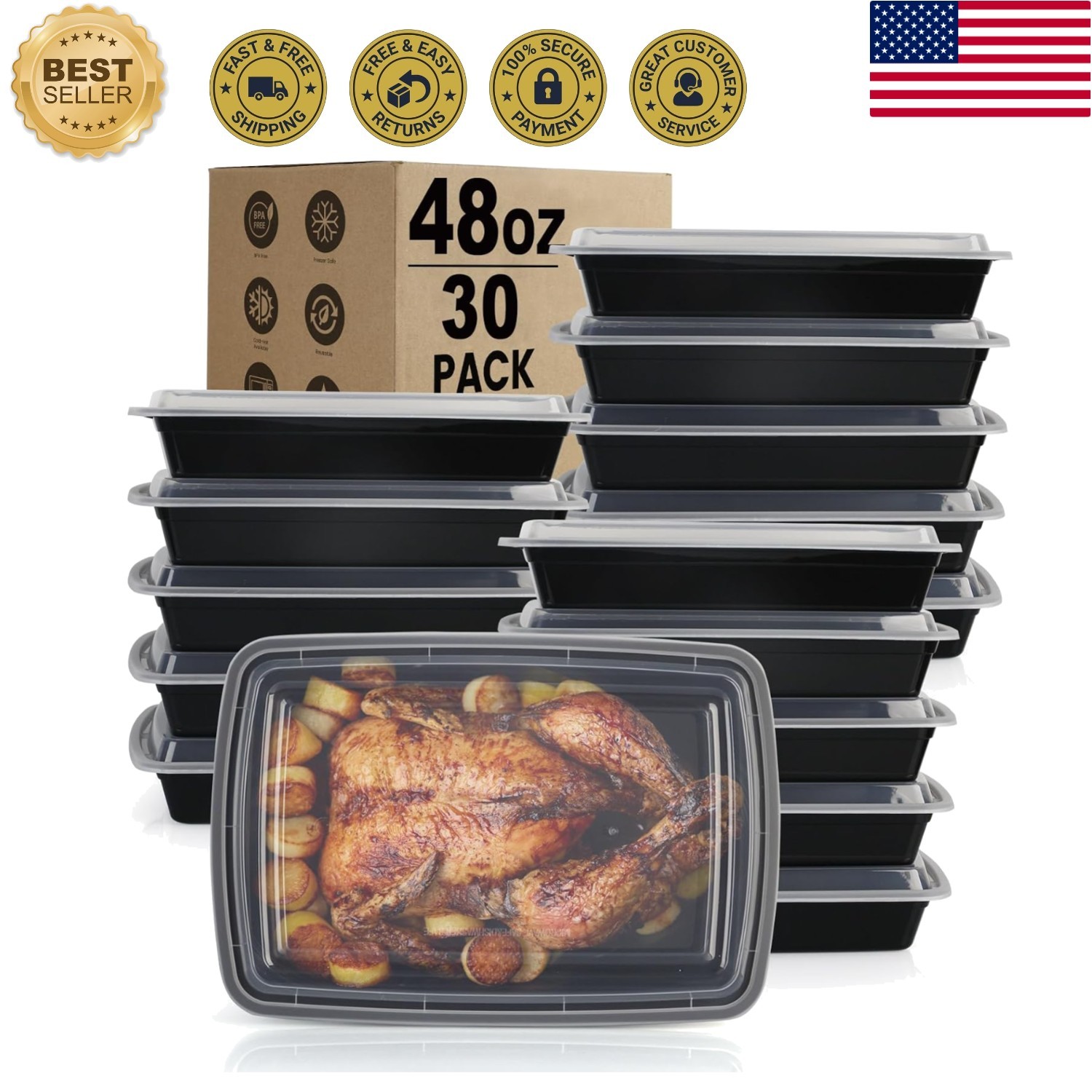 48oz BPA-Free Meal Prep Containers – 30 Pack, Microwave & Dishwasher Friendly
