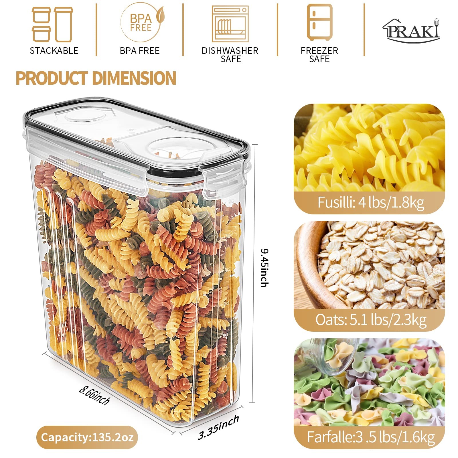 PRAKI Cereal Containers Storage Set (4L,135.2 Oz), 4PCS Airtight Food Storage…