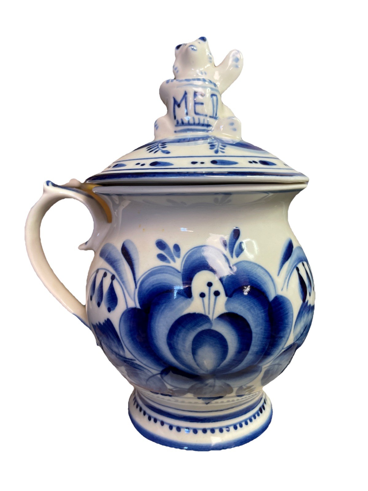 Gzhel Porcelain Honey Pot Jar with Bear Figurine Hand Made In Russia Vintage 8″