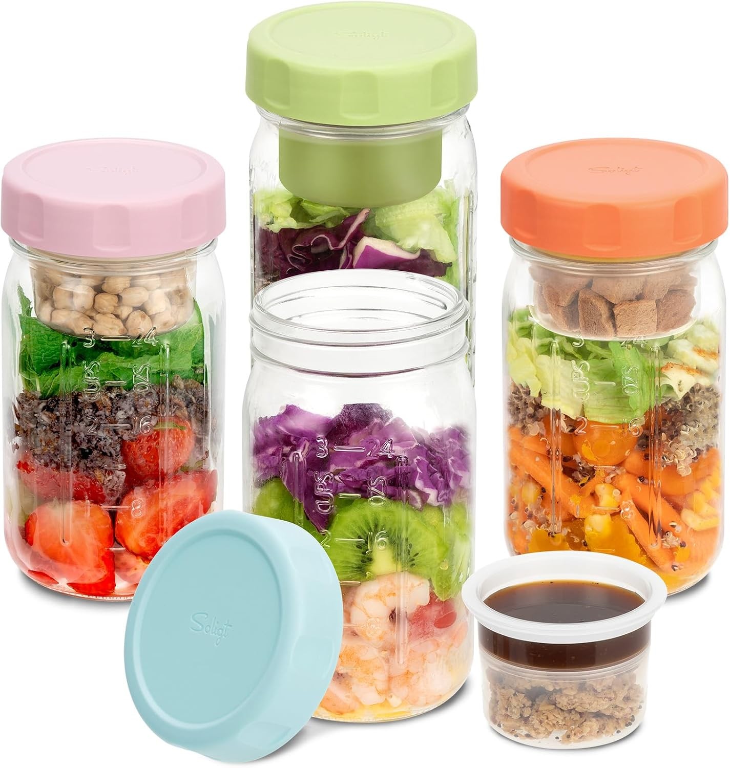 4 Pack Glass Salad Jars W/ Lids Meal Prep Leakproof Container Lunch Two Small
