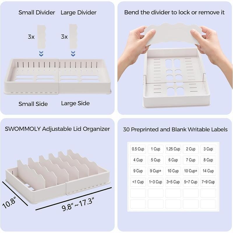 Expandable Food Lid Storage Organizer W/ Adjustable Dividers & Writable Labels