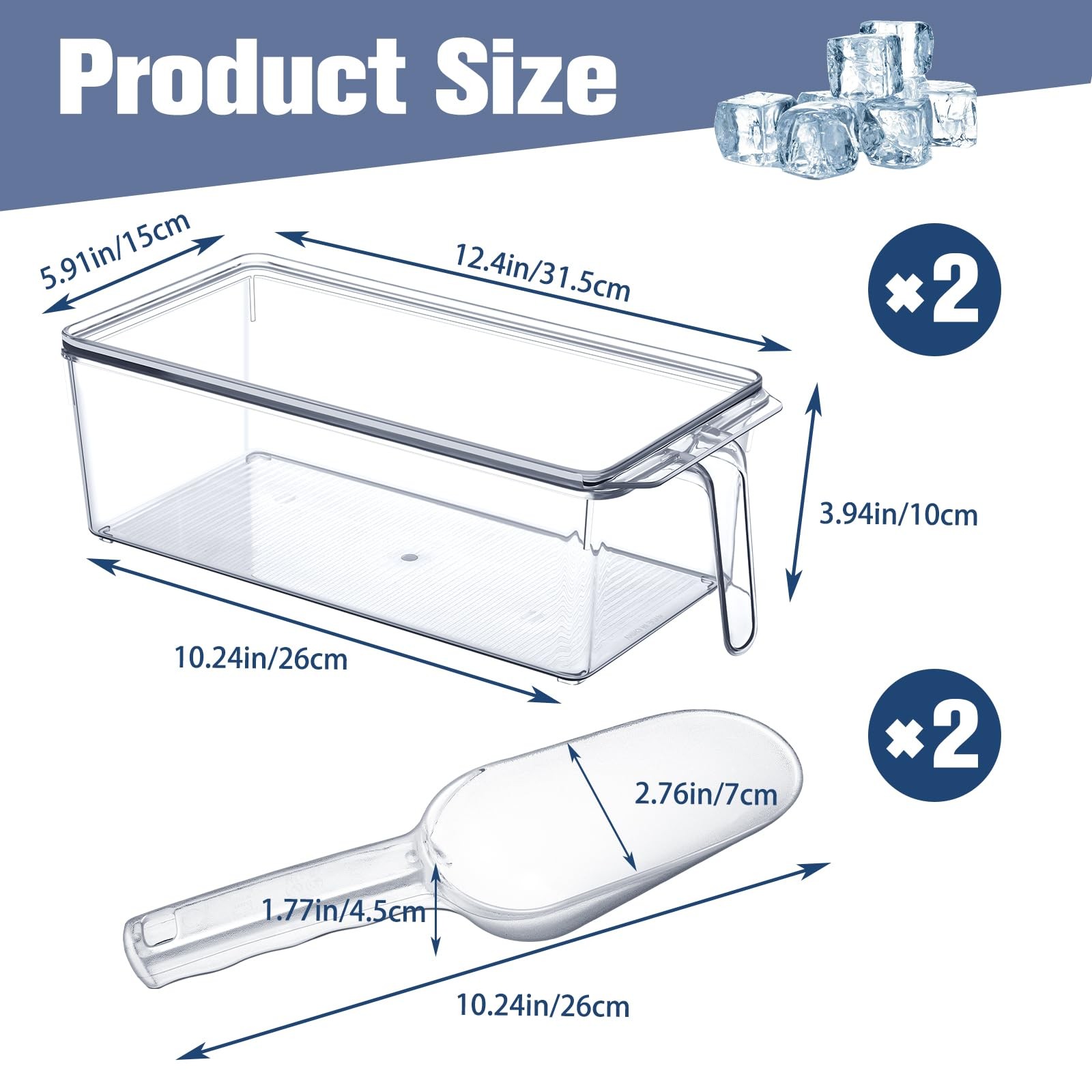 Havawish 2 Sets Ice Storage Bin for Freezer 12.4 x 5.91 x 3.94 Inches, Clear