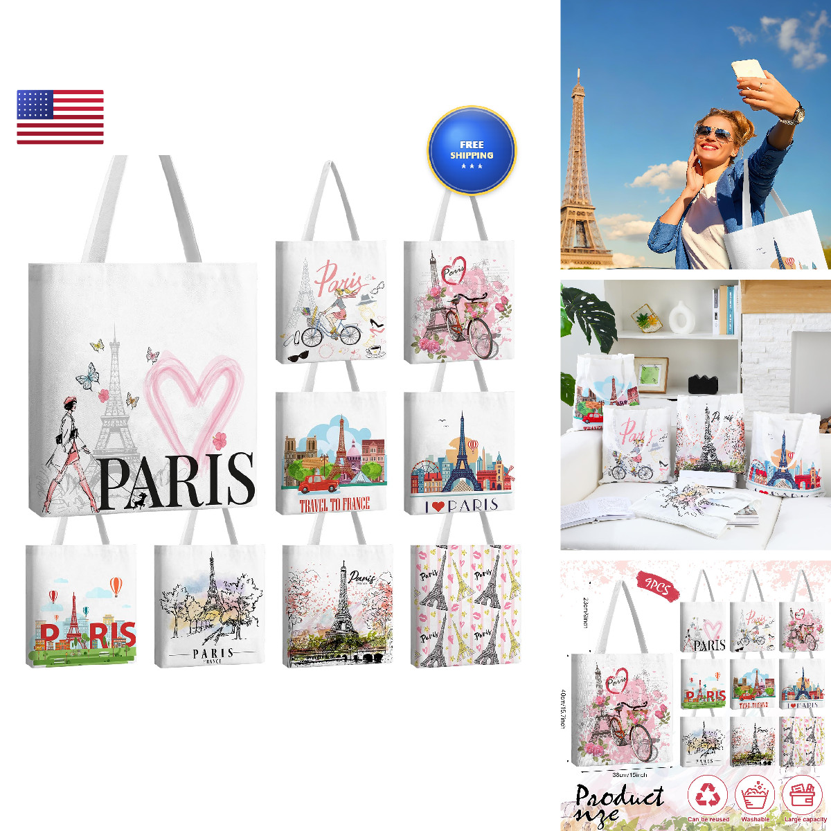 Bulyoou 9 Pcs Paris Tote Canvas Bags Souvenir Gift Grocery Shopping Tote Bag