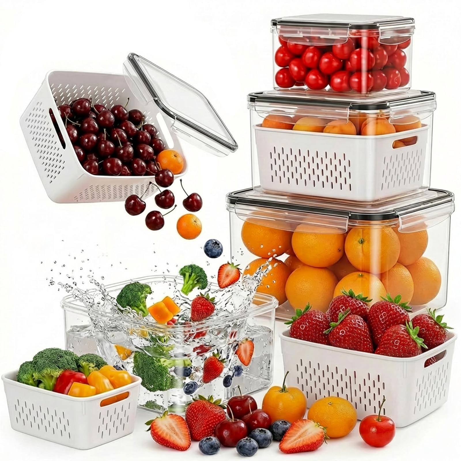 4 Pack Fruit Storage Containers for Fridge with Removable Colanders，4 in 1 Pr…