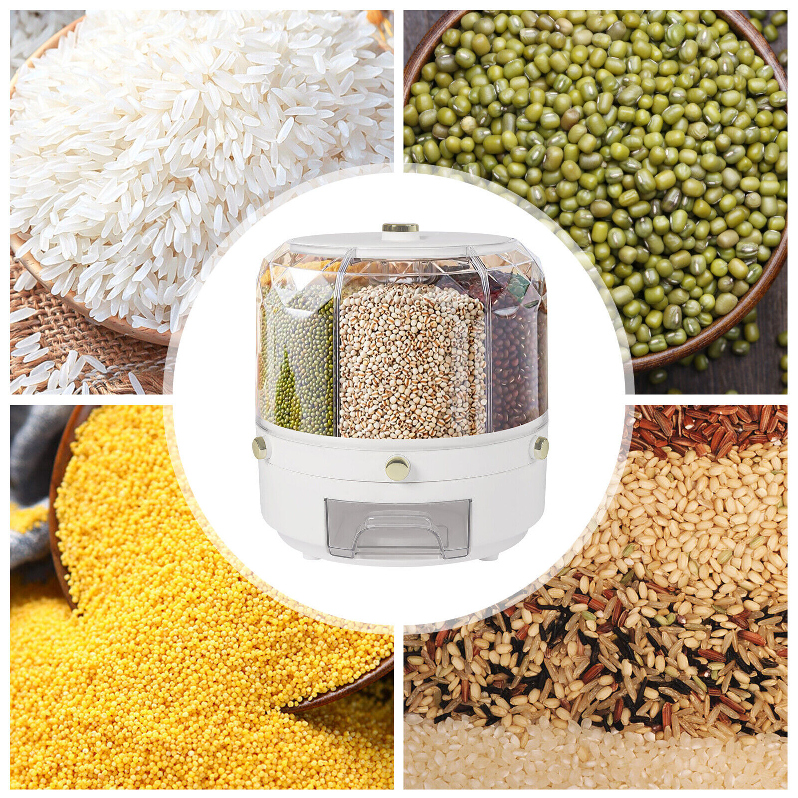 6-Grid Rotating Rice Dispenser Dry Grain Food Storage Container Tank for Kitchen