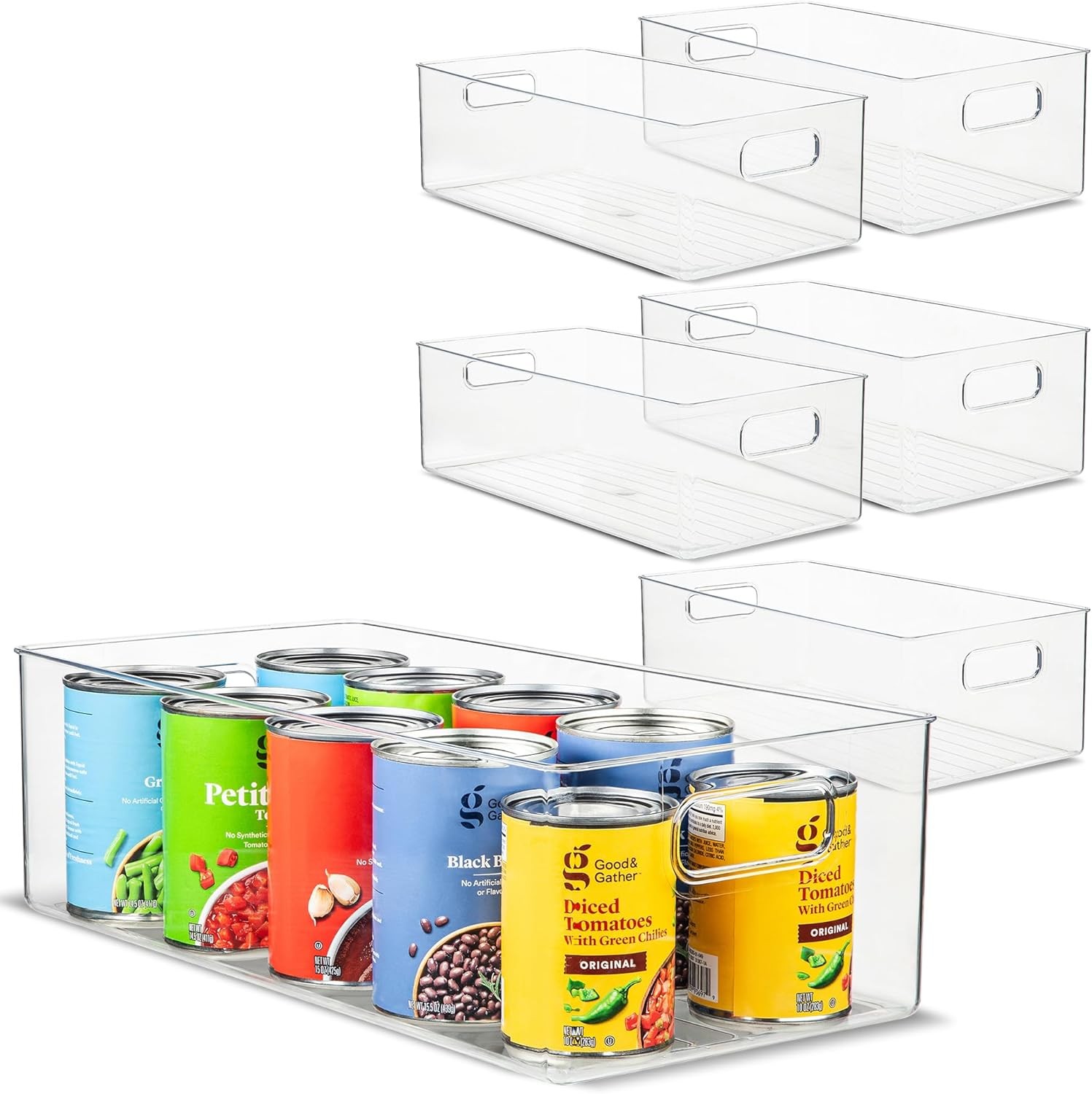 Plastic Food Storage 6 Pack Clear Container Bin with Handles for Organizing
