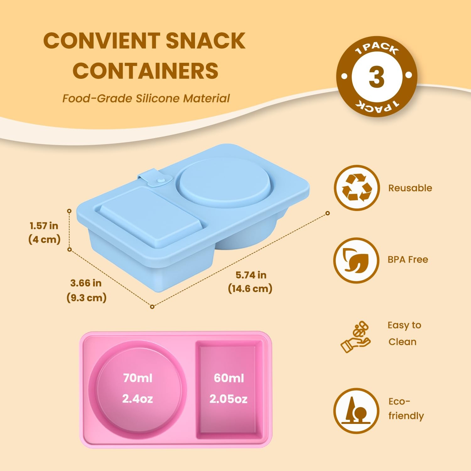 Reusable Snack Containers with Lids Silicone, 3 Pack Double/2 Compartment Sma…