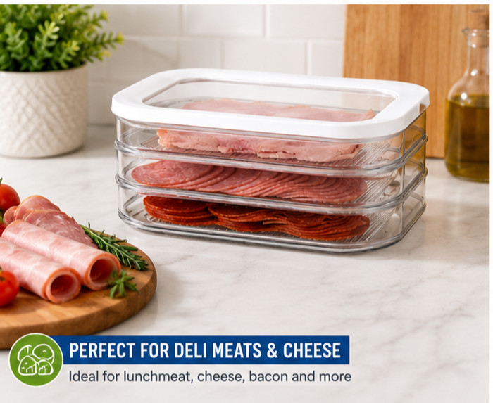 Stackable Bacon & Deli Meat Storage Container Fridge Organizer Lunch Meat Keeper