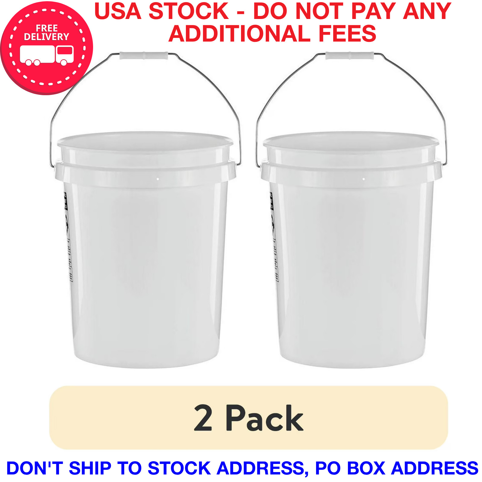 5 Gallon Utility Bucket 2 Pack White Food Grade Plastic Pail with Metal Handle