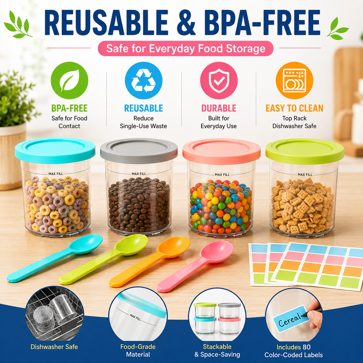 4 Pack 16oz Reusable Food Storage Containers w/ Spoons & 80 Labels BPA Free