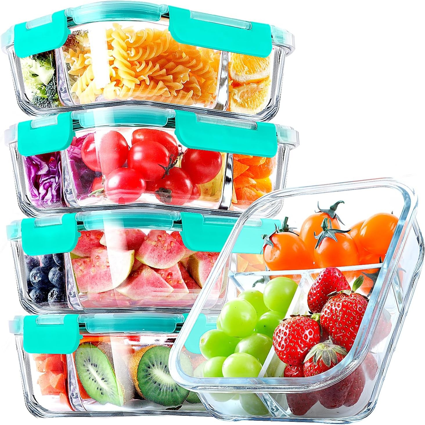 5 Pack Glass Meal Prep Containers 3 Compartment Set 36OZ Airtight Glass Lunch