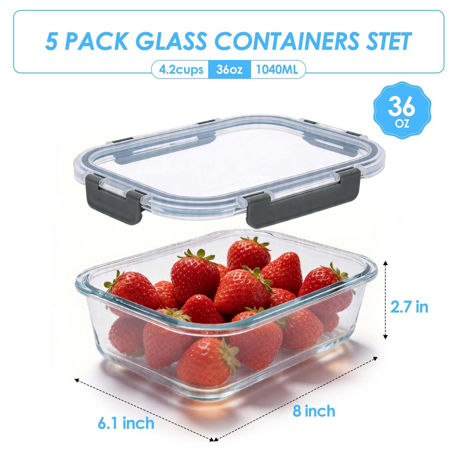 5-Pack 36oz Glass Food Storage Containers with Lids Airtight, Glass Meal Prep…