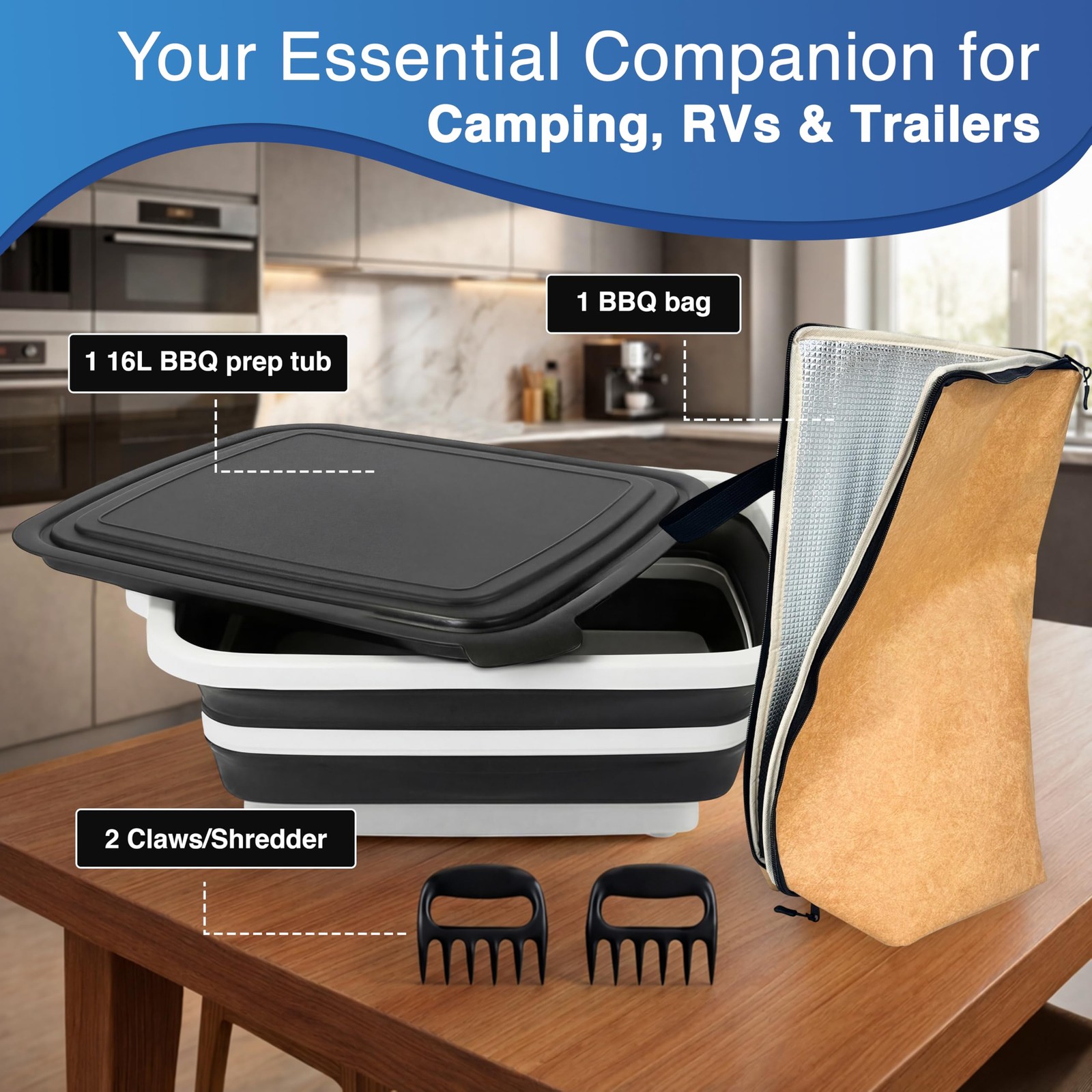 3pcs Barbecue Prep Tub, BBQ Blanket, Meat Shredder Claws | Collapsible 3 in 1…