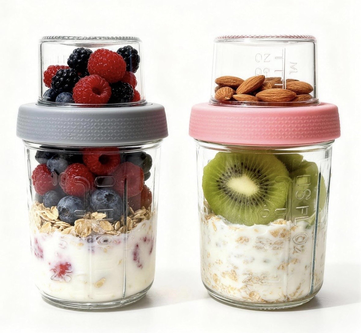 2-Pack Glass Overnight Oats Meal Prep Containers, Screw Lids, 10 oz Pink/Gray