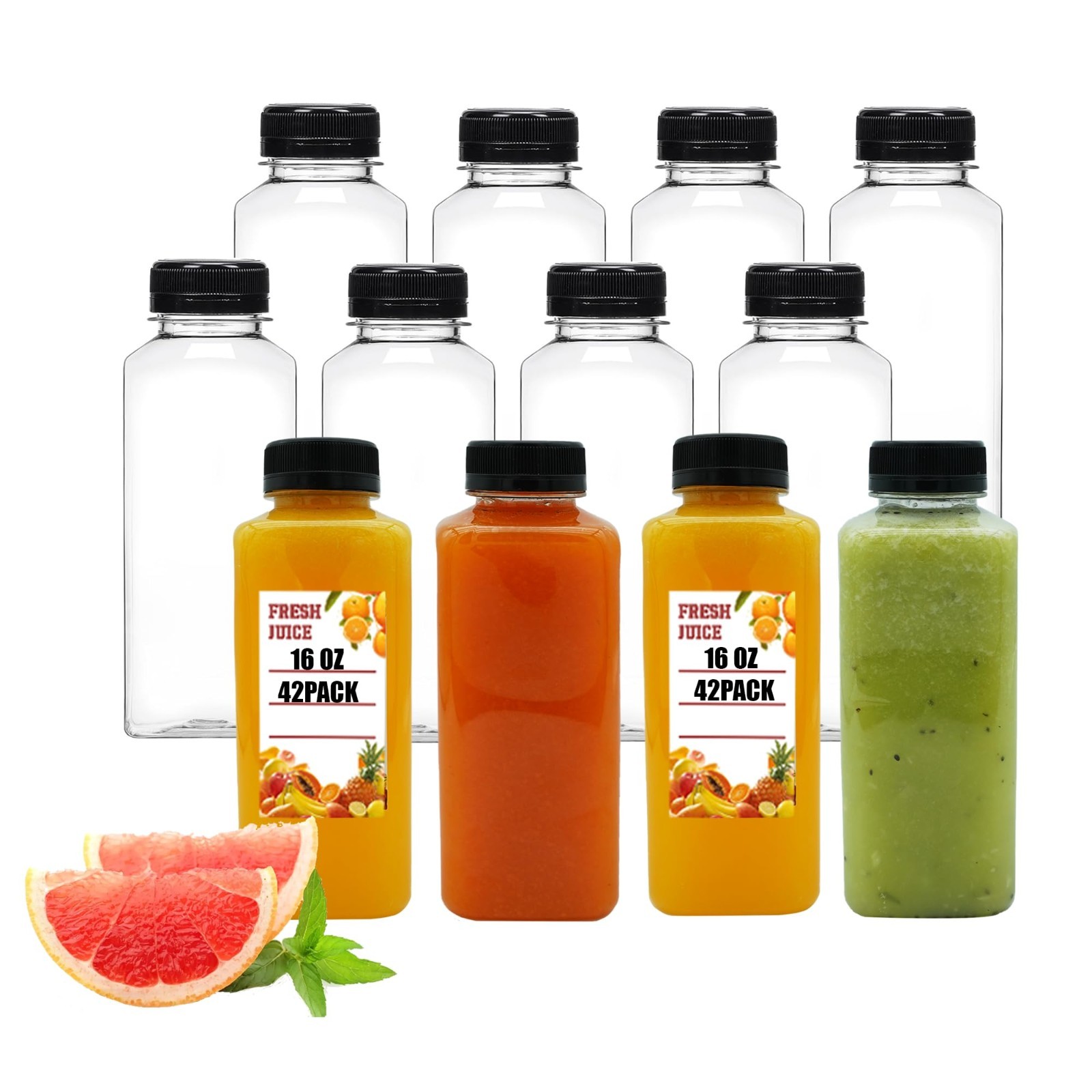 42pcs 16oz Plastic Juice Bottles with Caps – Empty PET Bottles for Juicing & Dri