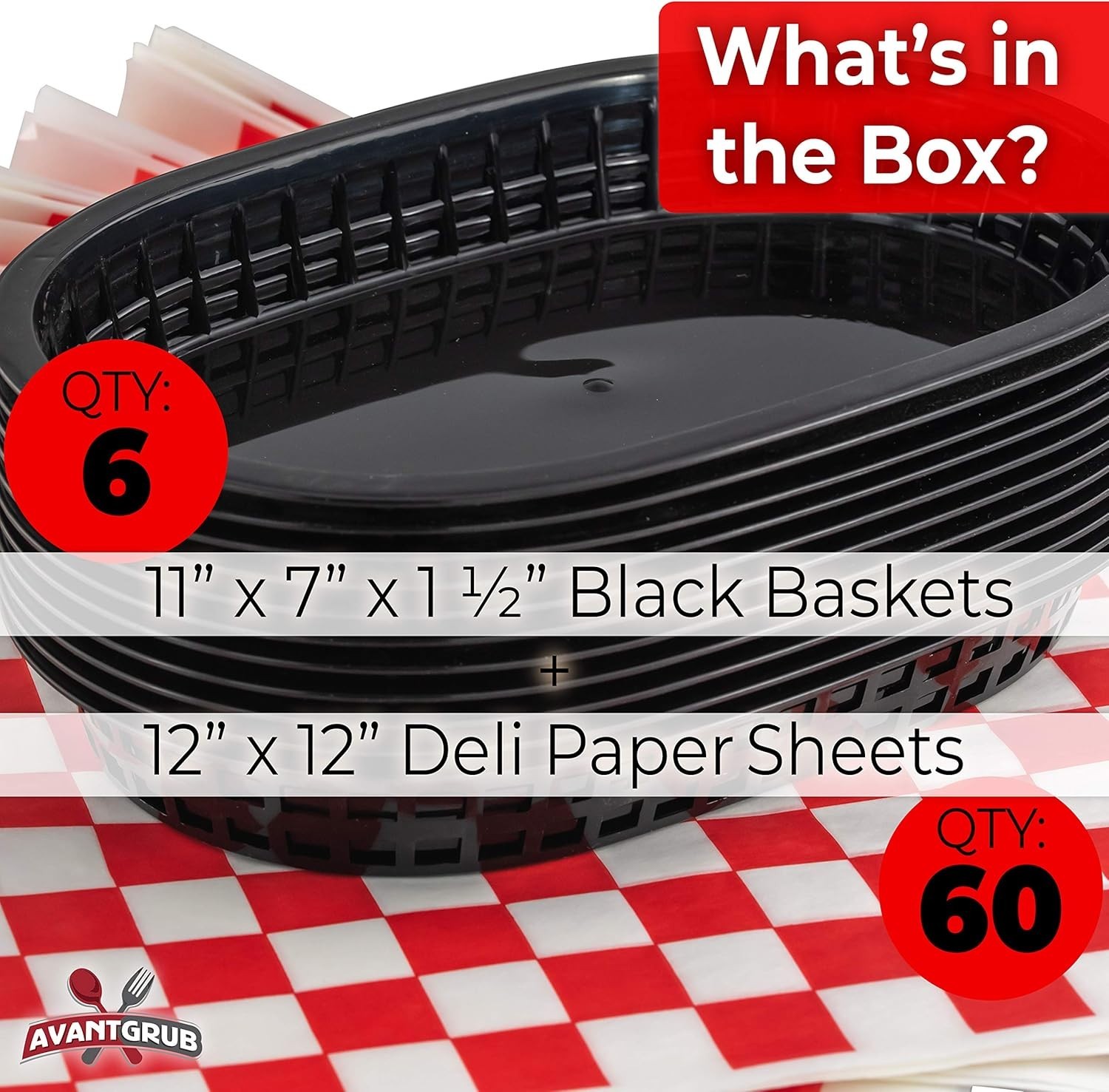 Classic Black Fast Food Baskets with Disposable Checkered Liners – 12 Piece Set