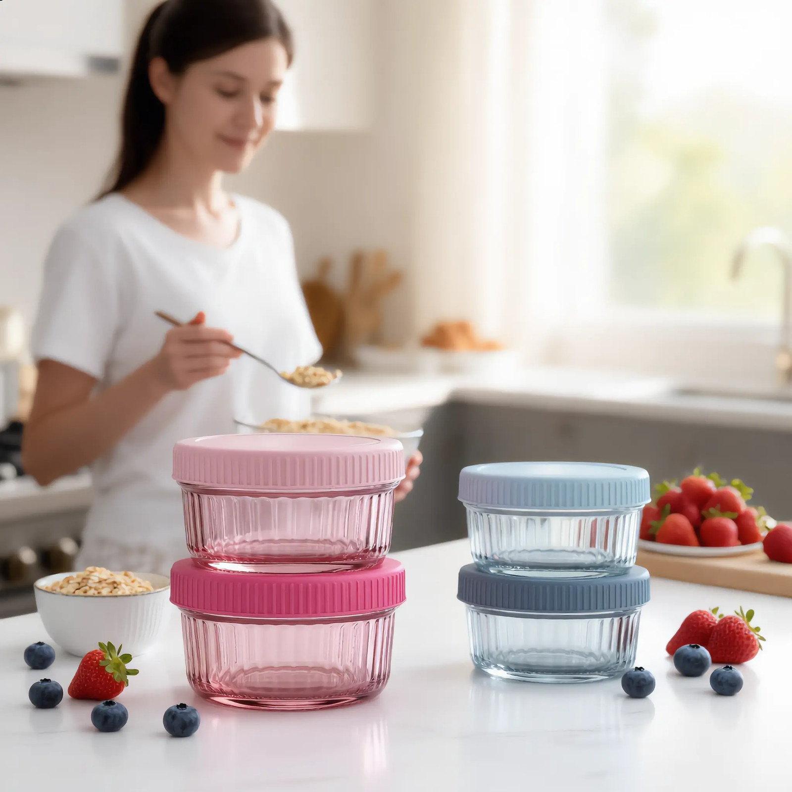 3pc Stackable Food Storage Containers Lids 5.75oz Mini Spice Jars Meal Prep Cups