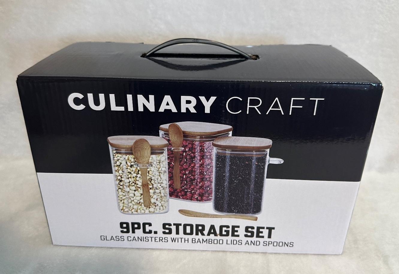NEW CULINARY CRAFT 9 Pc Storage Set – 3 Glass Canisters & Bamboo Lids & Spoons