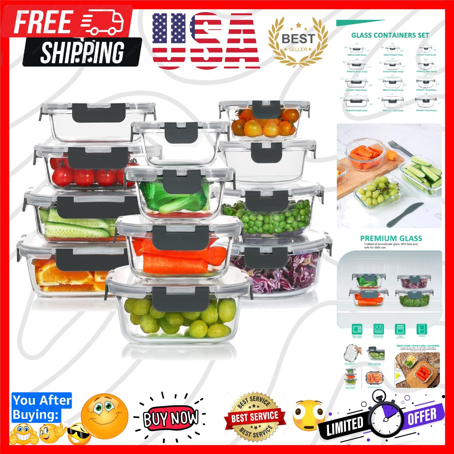 24 Pieces Glass Food Storage Containers Set, Meal Prep Containers, BPA-Free A…
