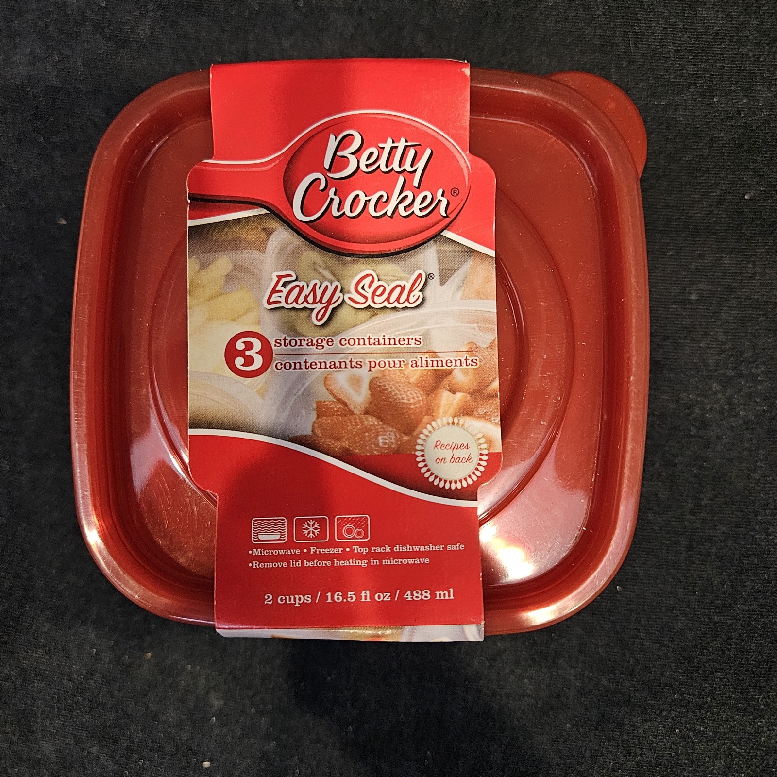 Betty Crocker 3 Pack Storage Containers Easy Seal 2 Cups 16.5 fl oz 488 ml NEW
