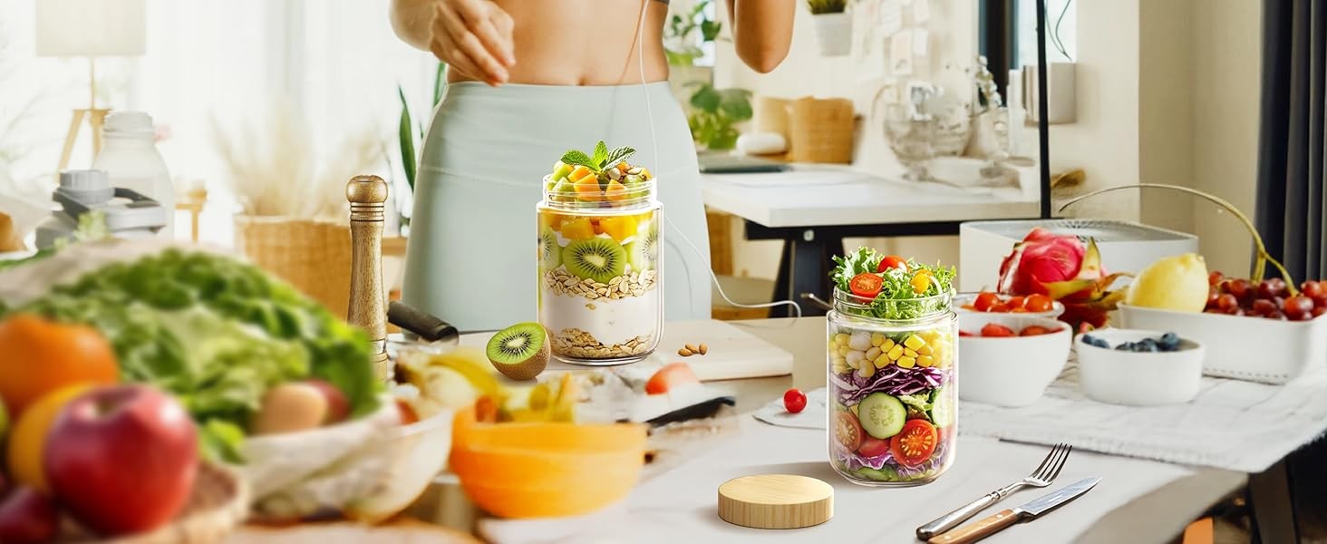 4 pack 16oz Overnight Oats Containers with Bamboo Lids, Glass Jars with Airtight