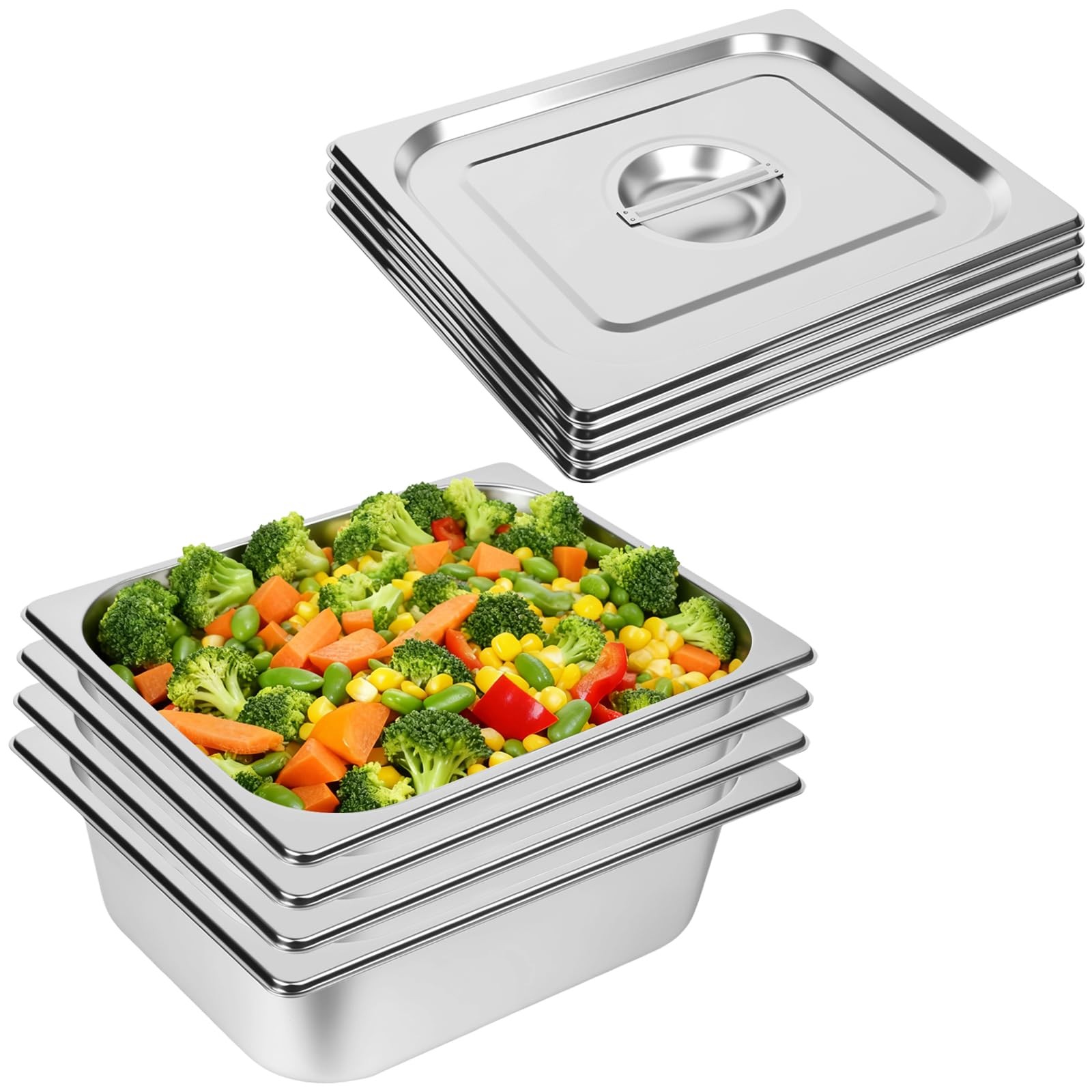 4 Pack 1/2 Half Size Hotel Pans 4 Inch Deep with Lids, Stainless Steel Steam …
