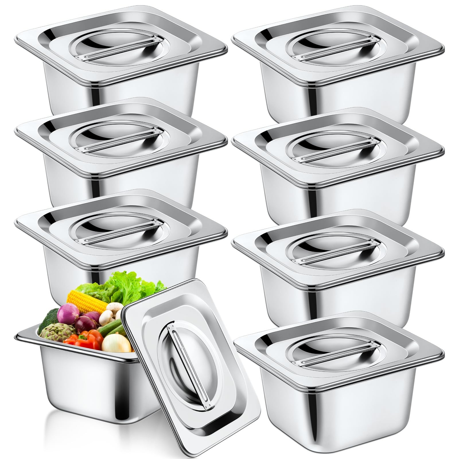 Ziliny 8 Set Stainless Steel Hotel Pans with Lids 1/6 Size 6 Inch Deep Steam …