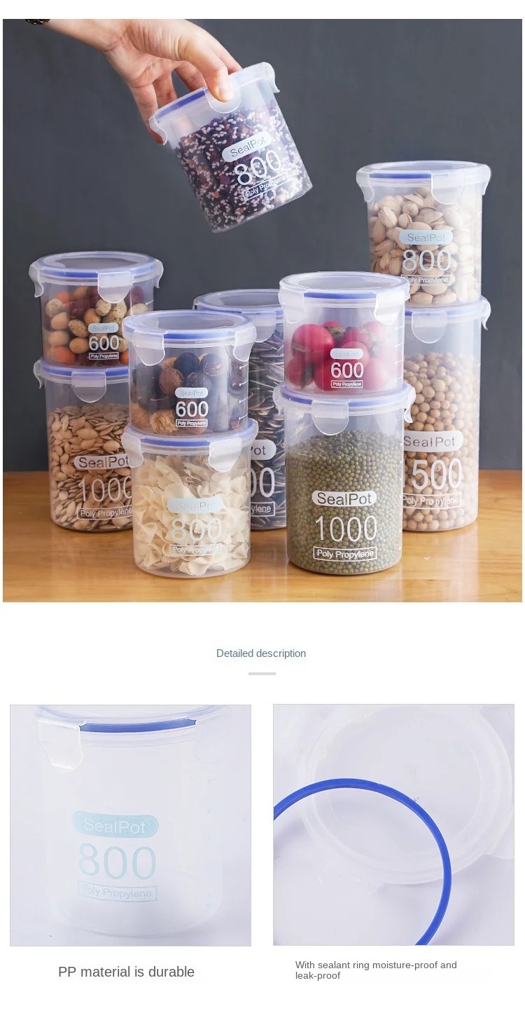 Airtight Grain Storage Container Clear Food Jar Kitchen Organizer 600-1500ML