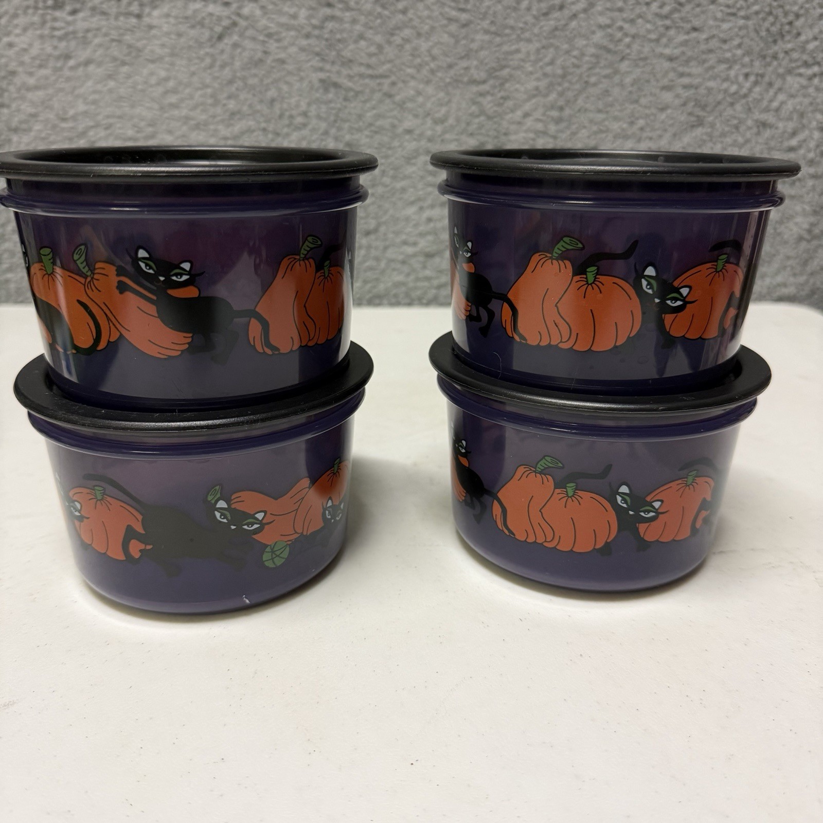 4 Tupperware Halloween Canister Bowls w/ Lids Set of 4 Black Cat Purple Pumpkins