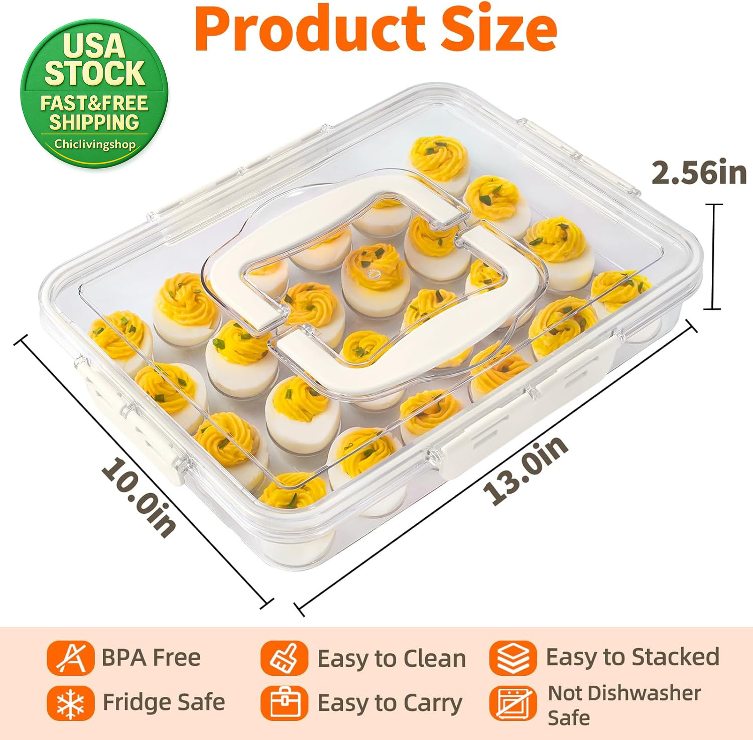 2 Pack Deviled Egg Carrier Tray with Lid Handle Clear Storage Holds 48 Eggs