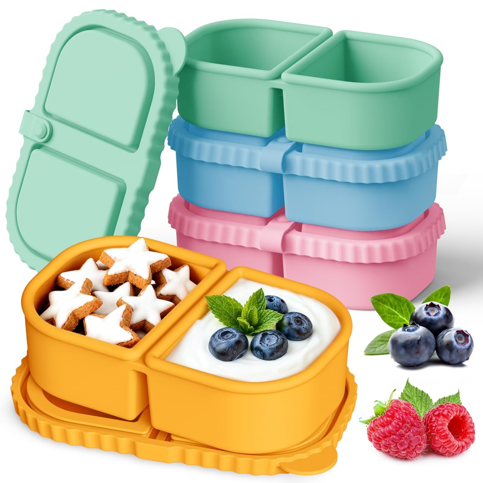 4 Pack Leakproof Silicone Snack Containers, Double-Compartment Bento Boxes, Reus