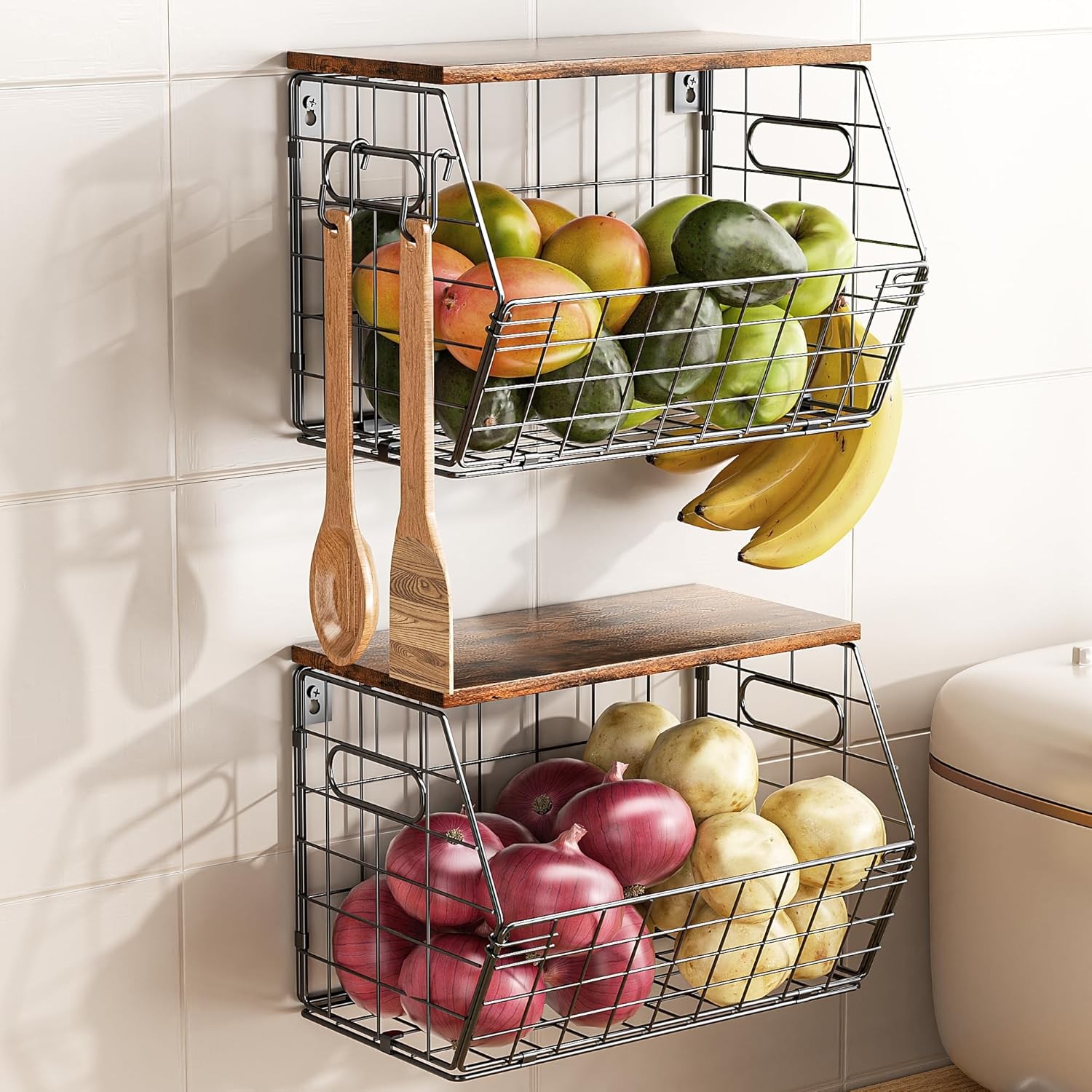 Stackable Metal Fruit Basket with Wooden Lid – Wall and Countertop Organizer