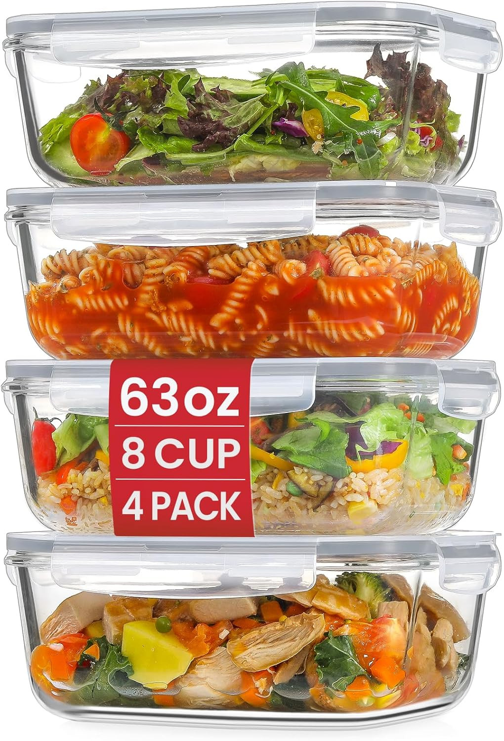 4 Pack 8 Cups/ 63Oz Large Glass Storage Containers with Lids, Meal Prep Containe