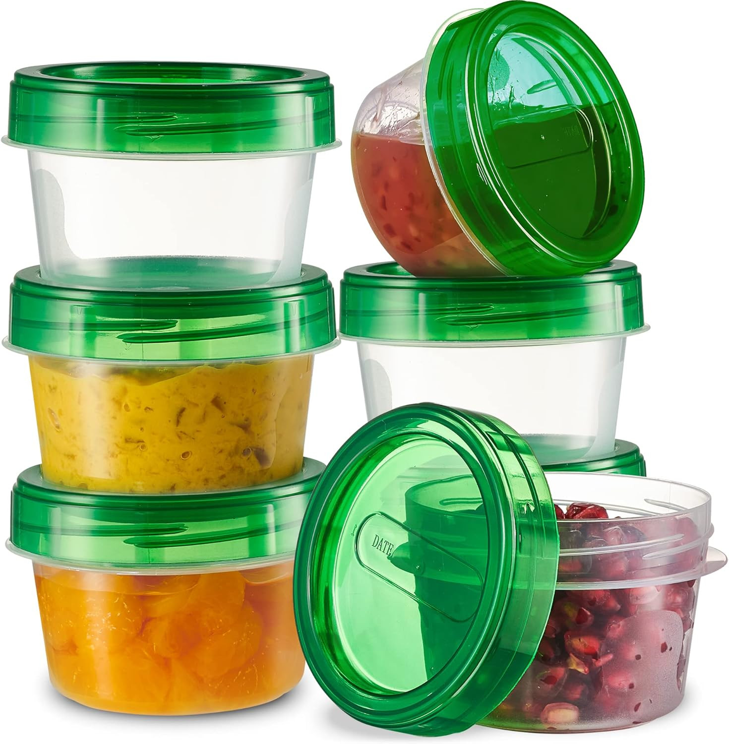 6 Pack Twist Cap Food Storage Containers with Green Screw on Lid- 4 Oz Reusable
