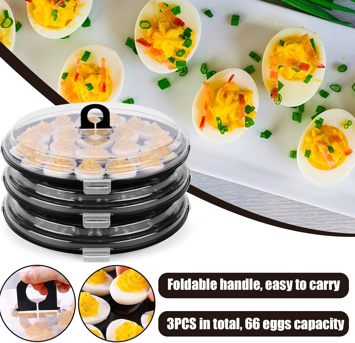 Elegant 3PCS Black Deviled Egg Carrier with 66 Slots for Effortless Transport
