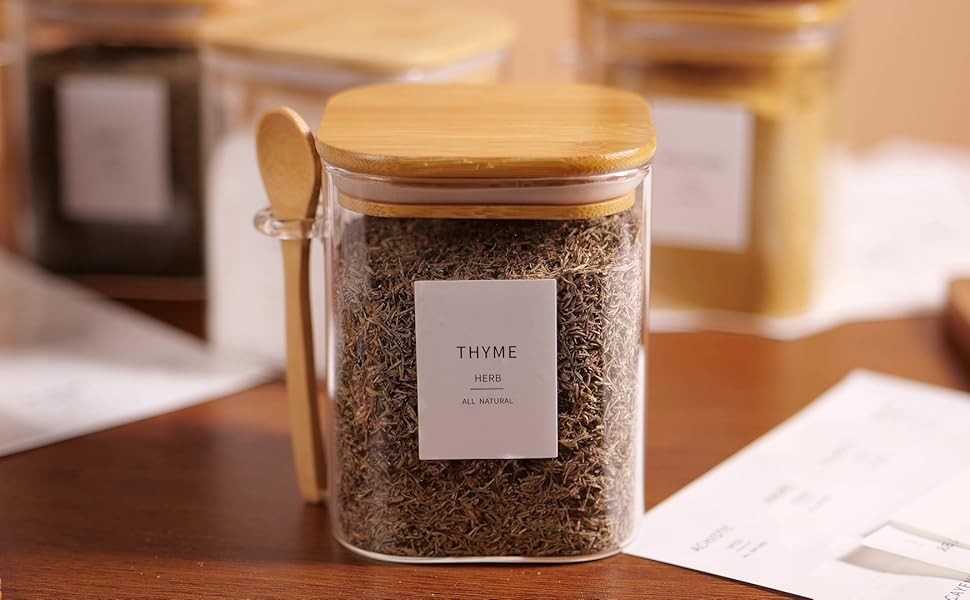 6 Pcs Square Glass Jar with Bamboo Lid and Spoon – 27 oz Large Sugar Container