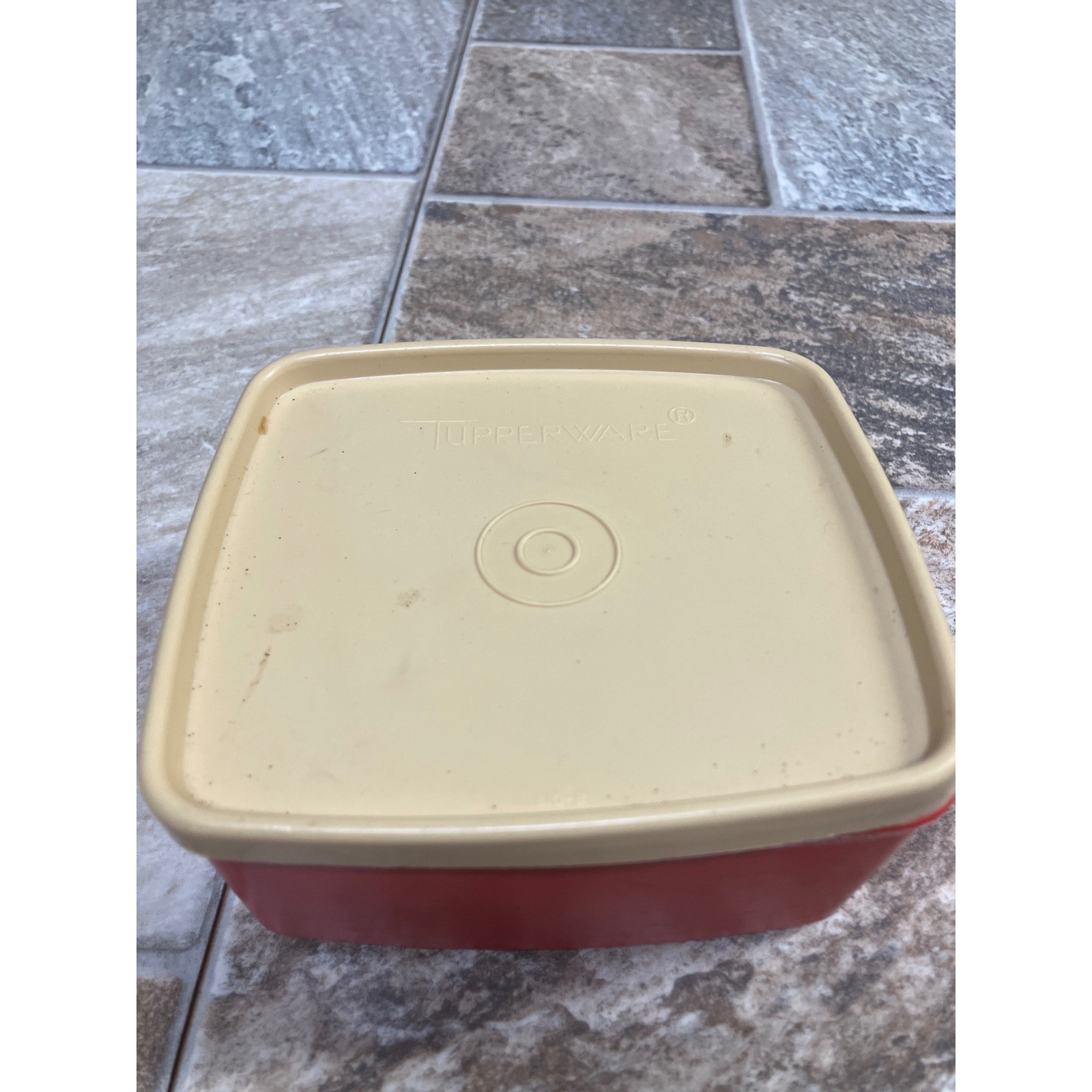 Vintage Tupperware Red Square Food Storage Container with Cream Lid 4.5 Inch USA