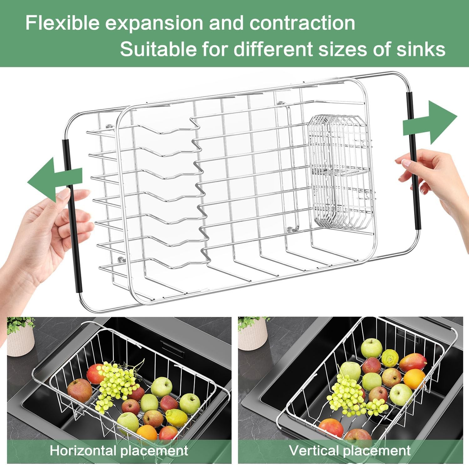 Dish Drainer Rack in Sink Adjustable, Expandable 304 Stainless Steel Metal Dish