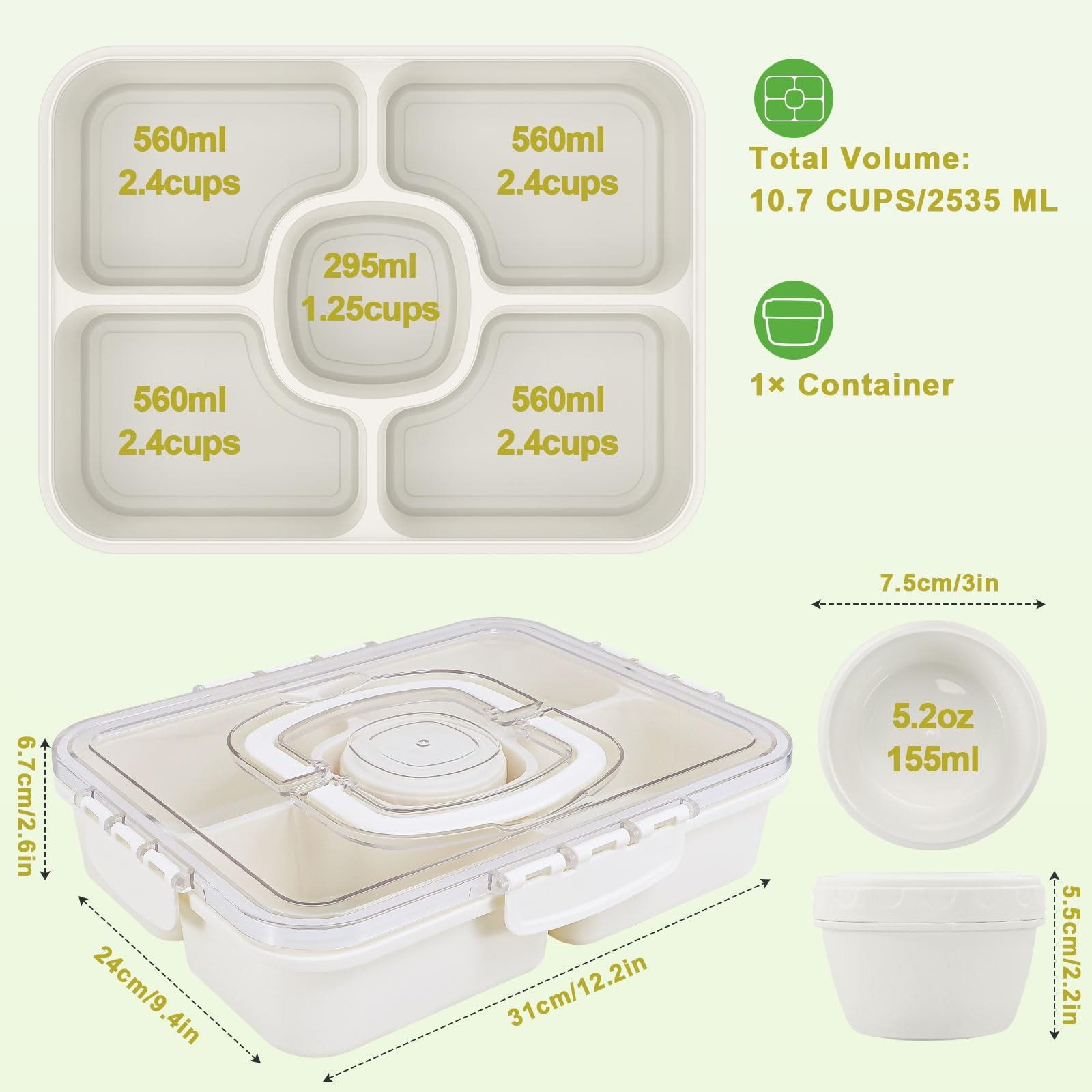 Large Portion Snackle Box Container – 5 Compartments Veggie Fruit Snack Divid…