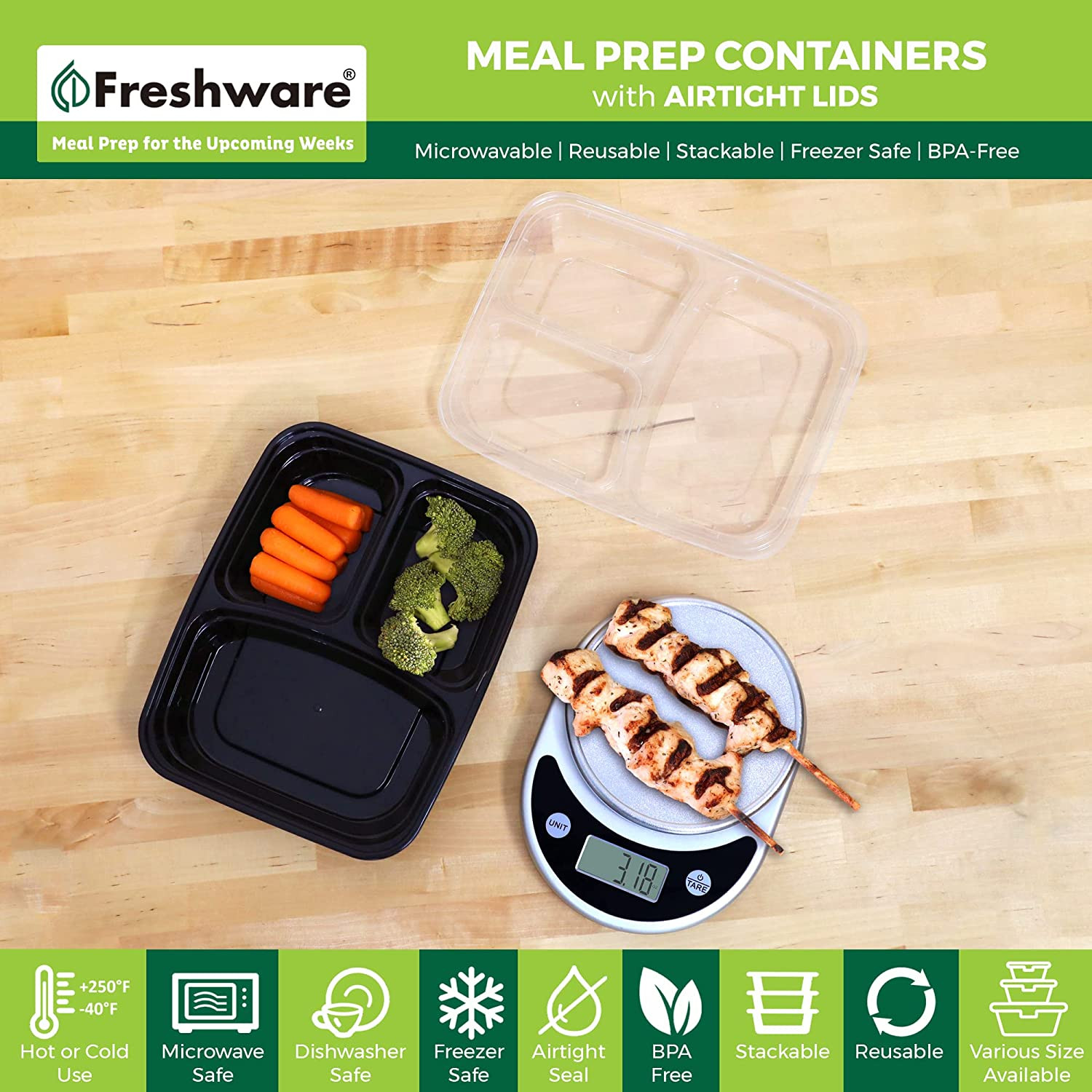 Meal Prep Containers [50 Pack] 3 Compartment Food Storage Containers with Lids,
