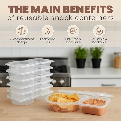 Reusable Snack Containers with Lids Pack, 2 Compartment Leakproof Snackle 20