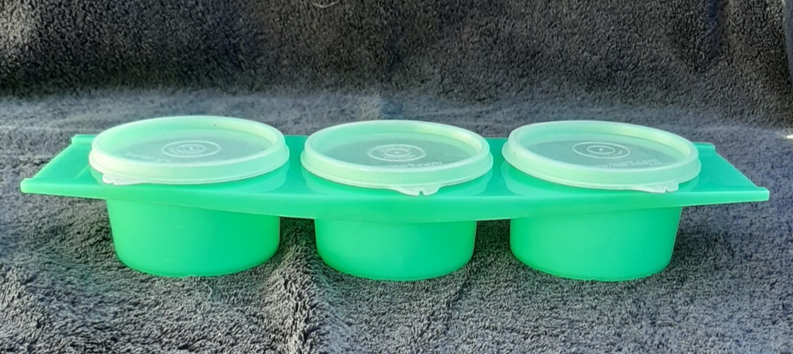 Vintage Tupperware Condiment Caddy 3 Bowl Green 15″ Long 4″ Diameter Bowls
