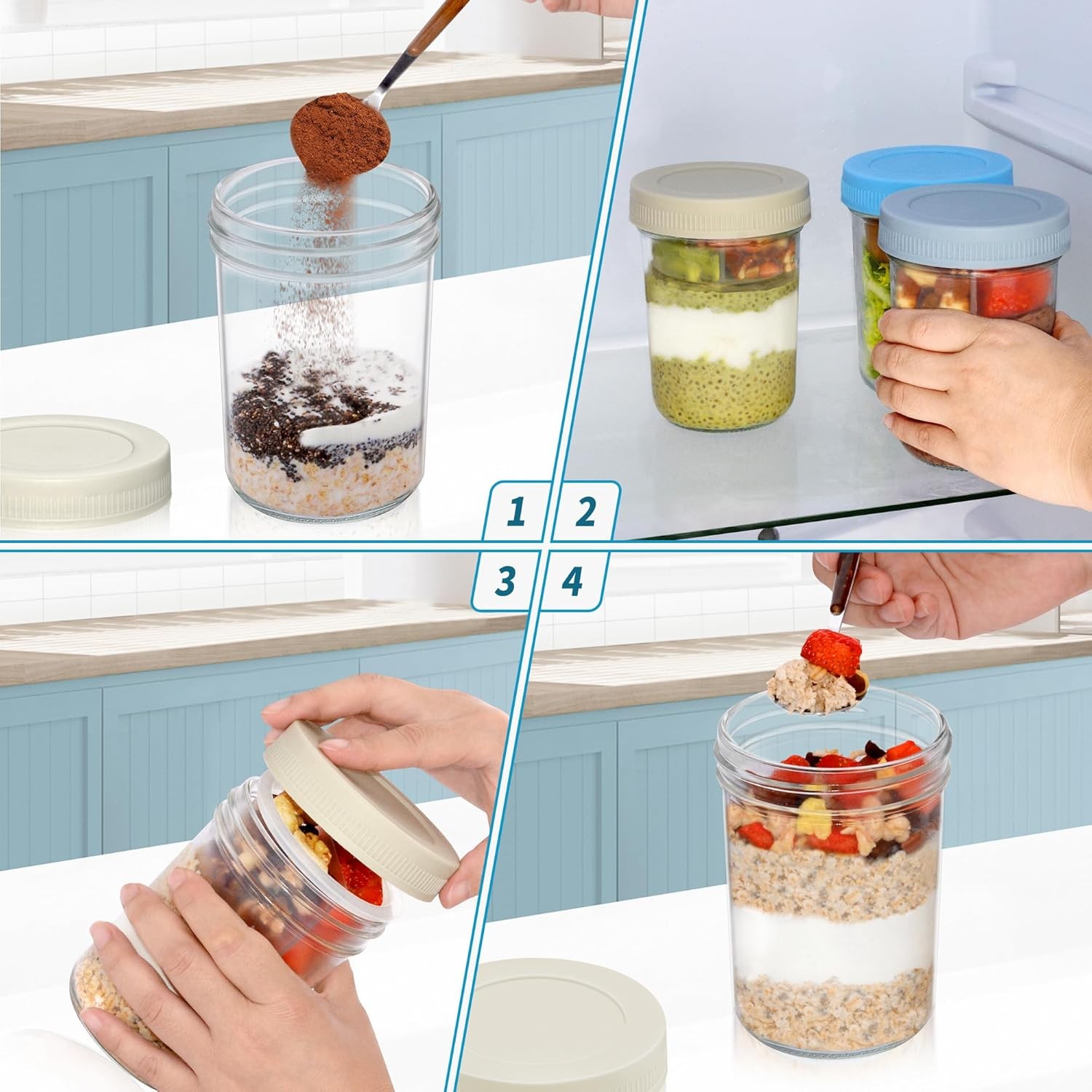 16 oz Overnight Oats Containers with Airtight Lids -6-Pack Leak-Proof Wide Mouth
