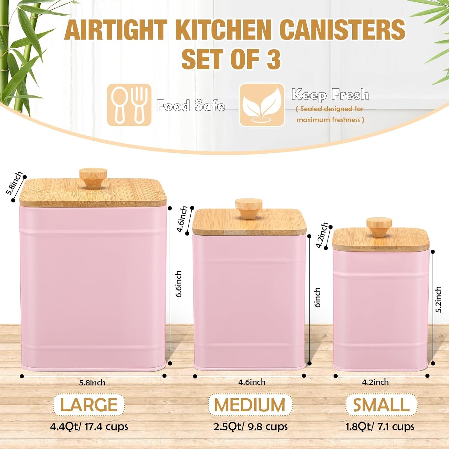 Kitchen Canisters for Countertop Set of 3 Metal Canisters Sets with Bamboo Lids