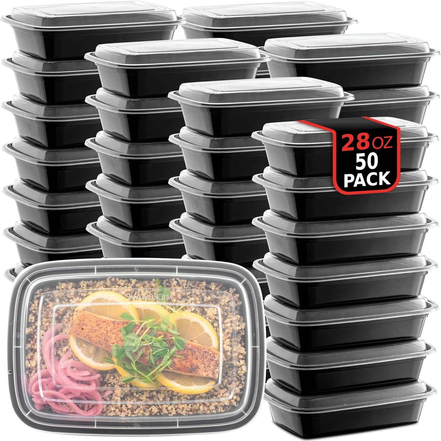 50-Pack Reusable Meal Prep Containers, 28 Oz, 1 Compartment, Plastic Bento Box