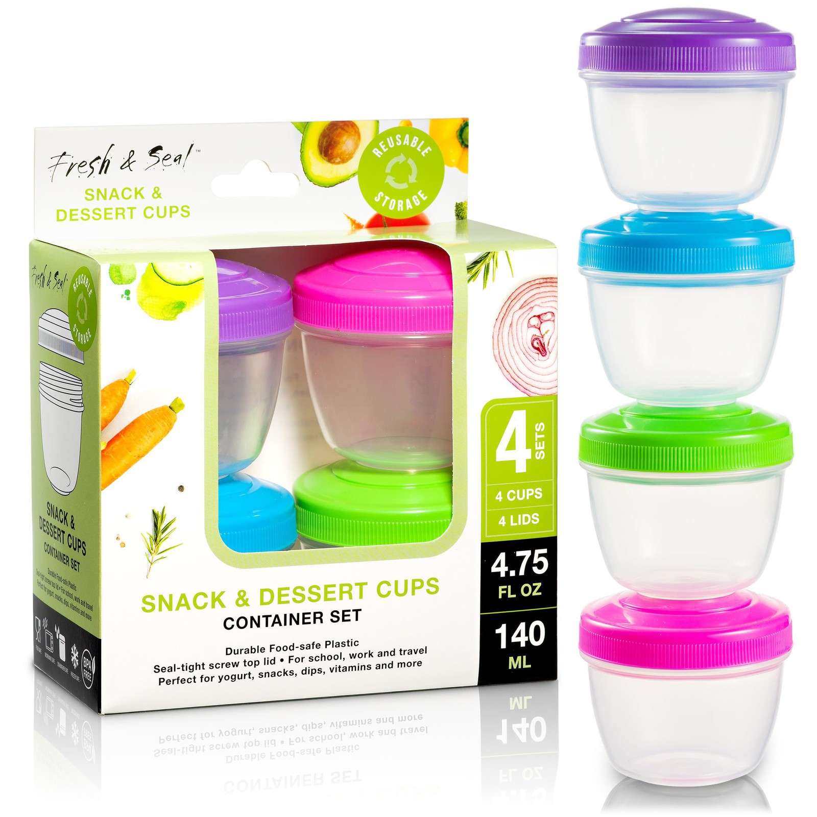 Snack Containers (4 Set) – 4.75 Oz Small Food Storage Cups with Lids – Fruit,…